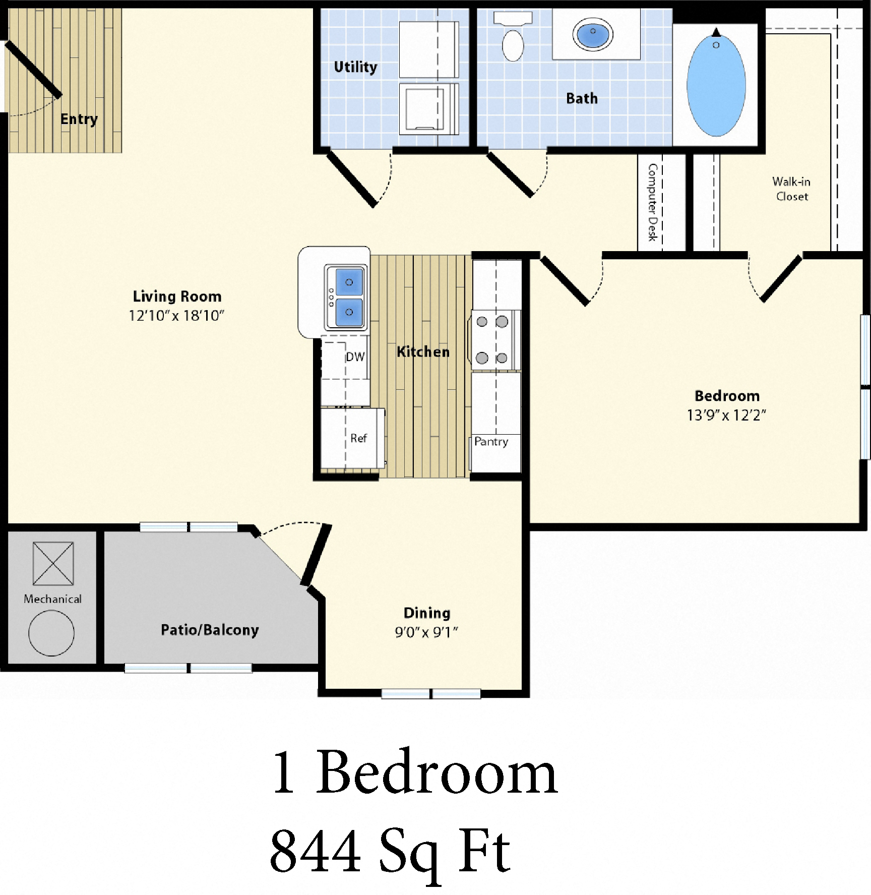 Floor plan for 1 bed, 1 bath, 876 sqft